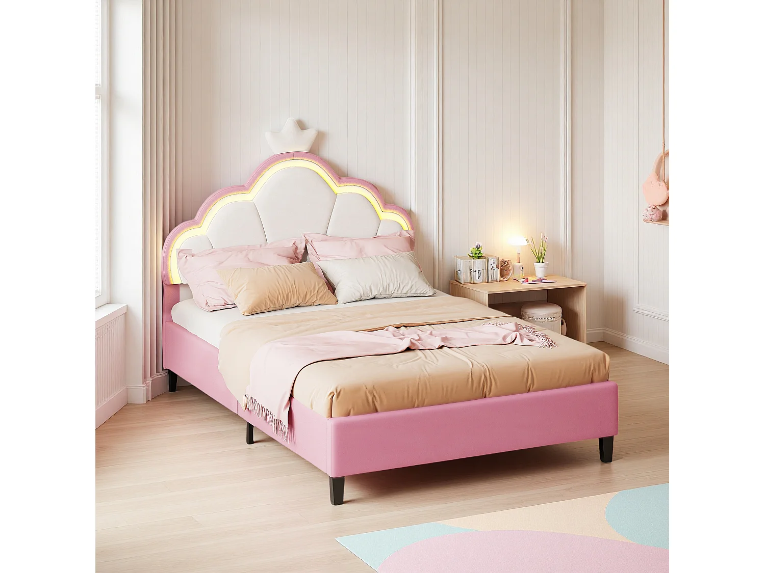 Gestoffeerd bed 140 x 200 cm, prinsessenbed met verstelbaar LED-hoofdbord en lattenbodem, roze