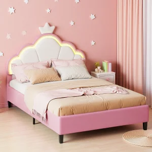 Gestoffeerd bed 140 x 200 cm, eenpersoonsbed met lattenbodem, kroonhoofdeinde, flanel, roze Gestoffeerd bed 140 x 200 cm, eenpersoonsbed met lattenbodem, kroonhoofdeinde, flanel, roze