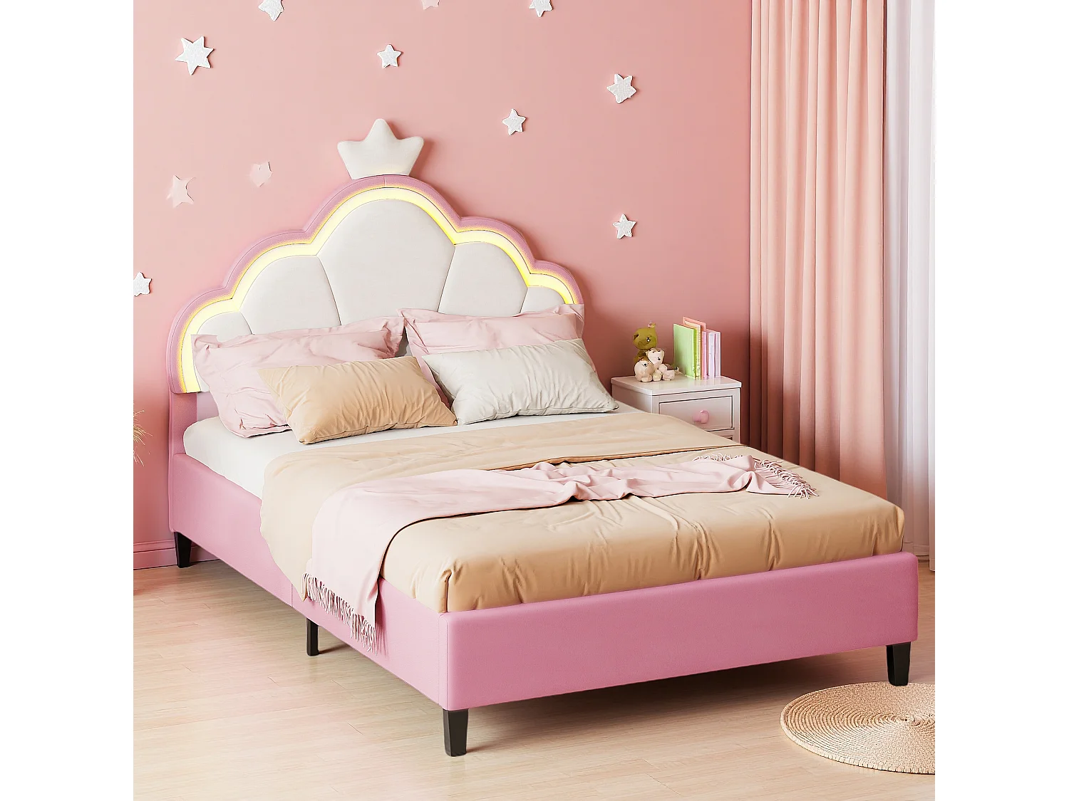 Gestoffeerd bed 140 x 200 cm, eenpersoonsbed met lattenbodem, kroonhoofdeinde, flanel, roze