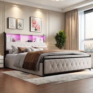 Gestoffeerd tweepersoonsbed 140x200cm, met 2 USB-poorten, LED-bed met 4 opberglades, fluweel, beige Gestoffeerd tweepersoonsbed 140x200cm, met 2 USB-poorten, LED-bed met 4 opberglades, fluweel, beige
