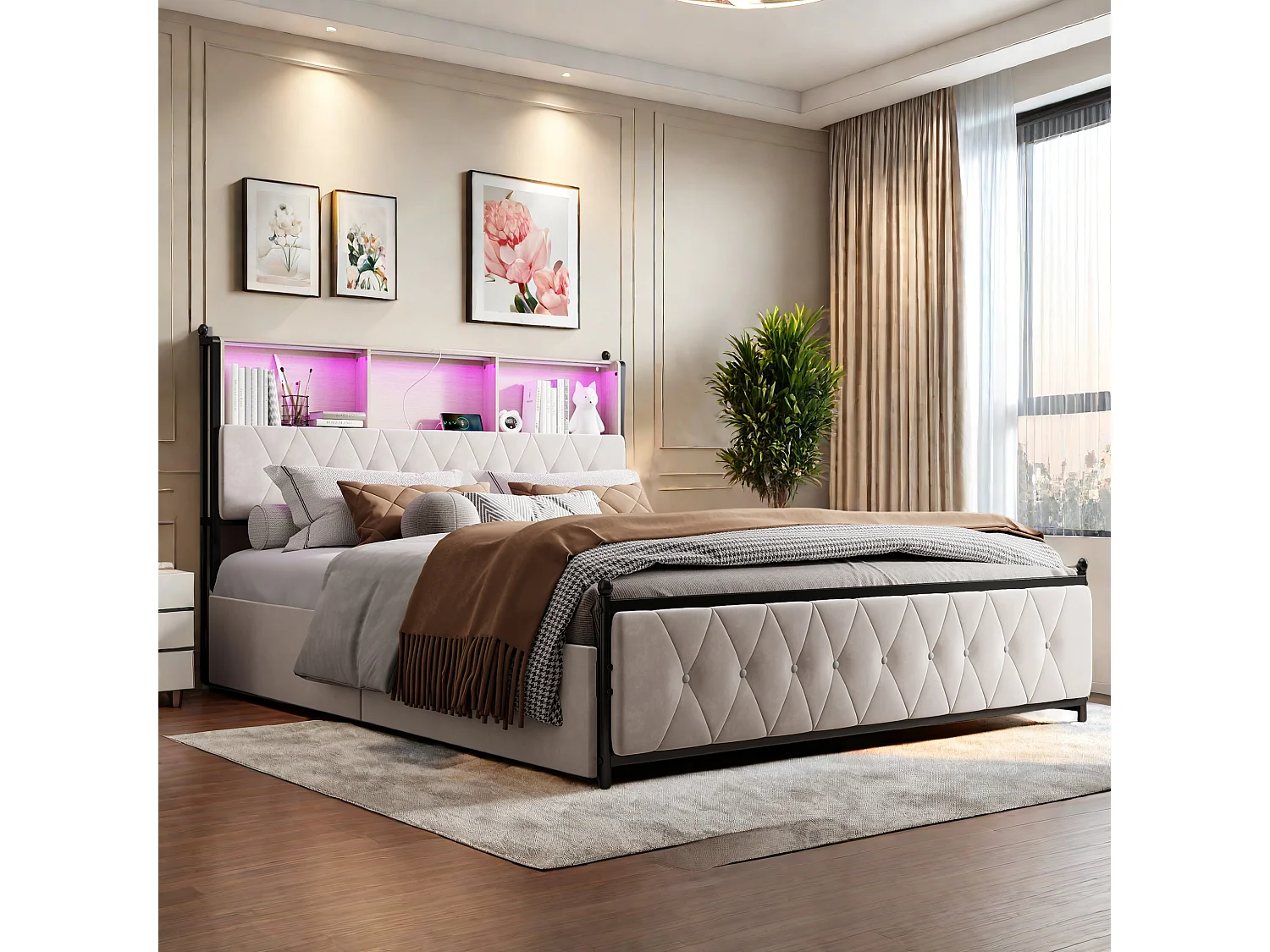 Gestoffeerd tweepersoonsbed 140x200cm, met 2 USB-poorten, LED-bed met 4 opberglades, fluweel, beige