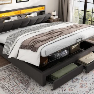 Gestoffeerd opbergbed 160x200cm in linnen met lade en LED – opberghoofdeinde – lattenbodem – Grijs Gestoffeerd opbergbed 160x200cm in linnen met lade en LED – opberghoofdeinde – lattenbodem – Grijs