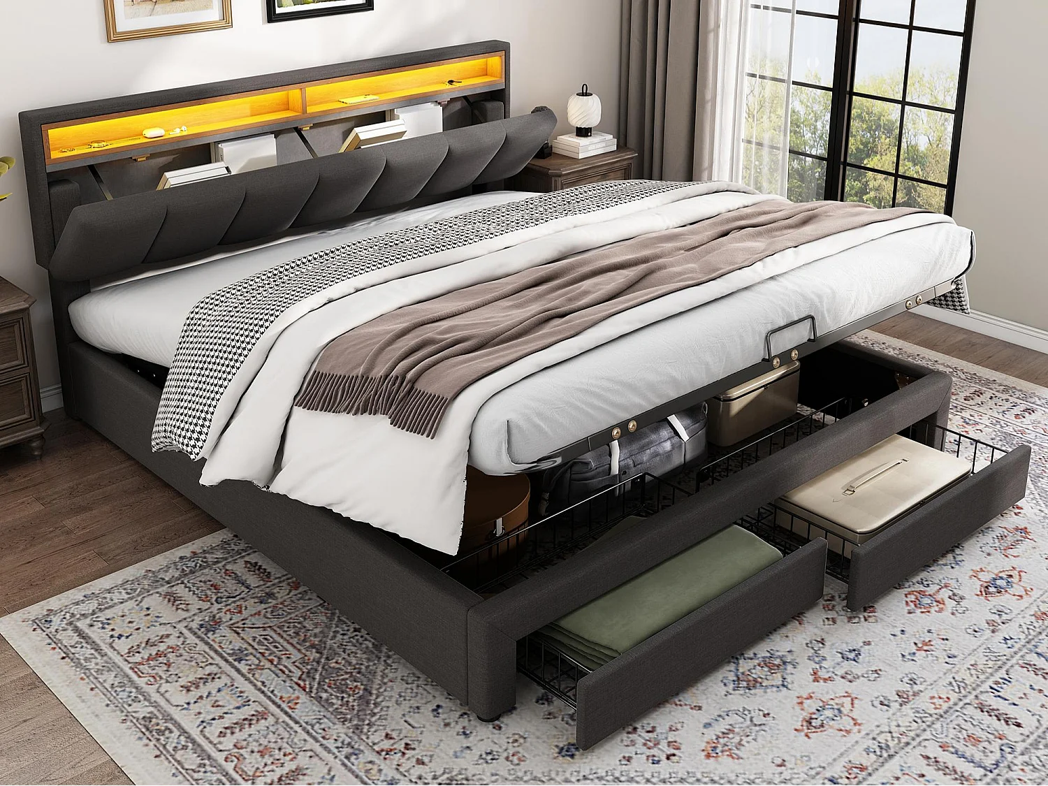 Gestoffeerd opbergbed 160x200cm in linnen met lade en LED - opberghoofdeinde - lattenbodem - Grijs