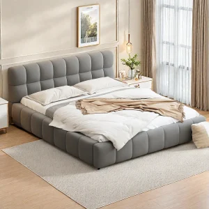 Gestoffeerd bed 160 x 200 cm, tweepersoonsbed met zachte rugleuning, gewatteerde rand, lattenbodem, linnen, grijs