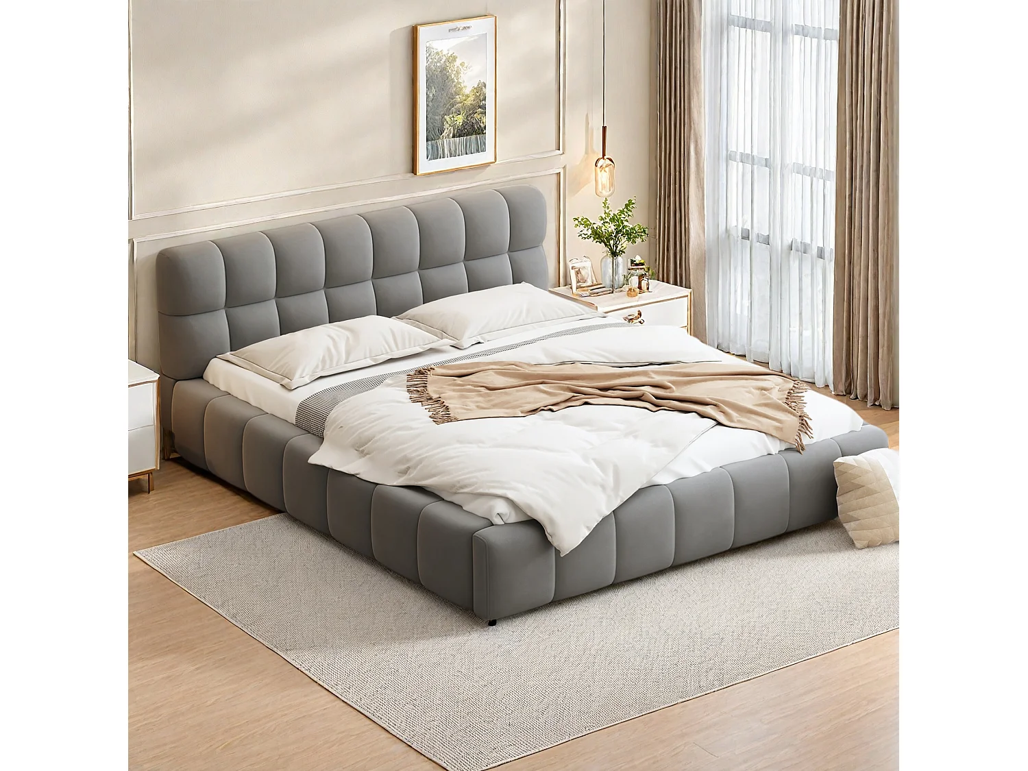 Gestoffeerd bed 160 x 200 cm, tweepersoonsbed met zachte rugleuning, gewatteerde rand, lattenbodem, linnen, grijs