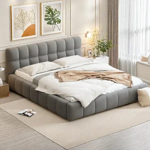 Gestoffeerd tweepersoonsbed, bubbel, 160 x 190 cm, met lattenbodem en zachte rugleuning, linnen, grijs Gestoffeerd tweepersoonsbed, bubbel, 160 x 190 cm, met lattenbodem en zachte rugleuning, linnen, grijs