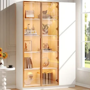 Glazen vitrinekast 165 cm hoog – LED-verlichting – 3 deuren – Verstelbare planken – MDF + Spaanplaat – Wit Glazen vitrinekast 165 cm hoog – LED-verlichting – 3 deuren – Verstelbare planken – MDF + Spaanplaat – Wit