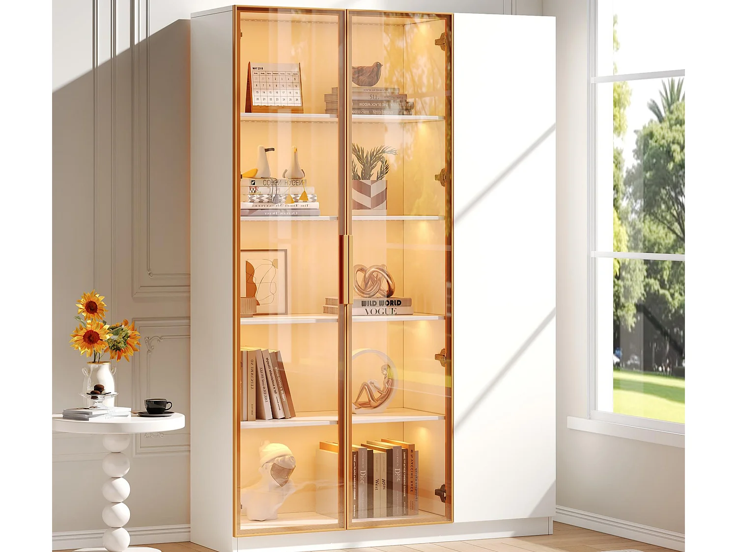Glazen vitrinekast 165 cm hoog - LED-verlichting - 3 deuren - Verstelbare planken - MDF + Spaanplaat - Wit