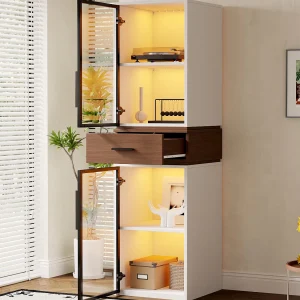 Glazen vitrinekast 40x40x200 cm – met LED-verlichting – 2 glazen deuren en 1 lade – MDF+glas – Wit Glazen vitrinekast 40x40x200 cm – met LED-verlichting – 2 glazen deuren en 1 lade – MDF+glas – Wit