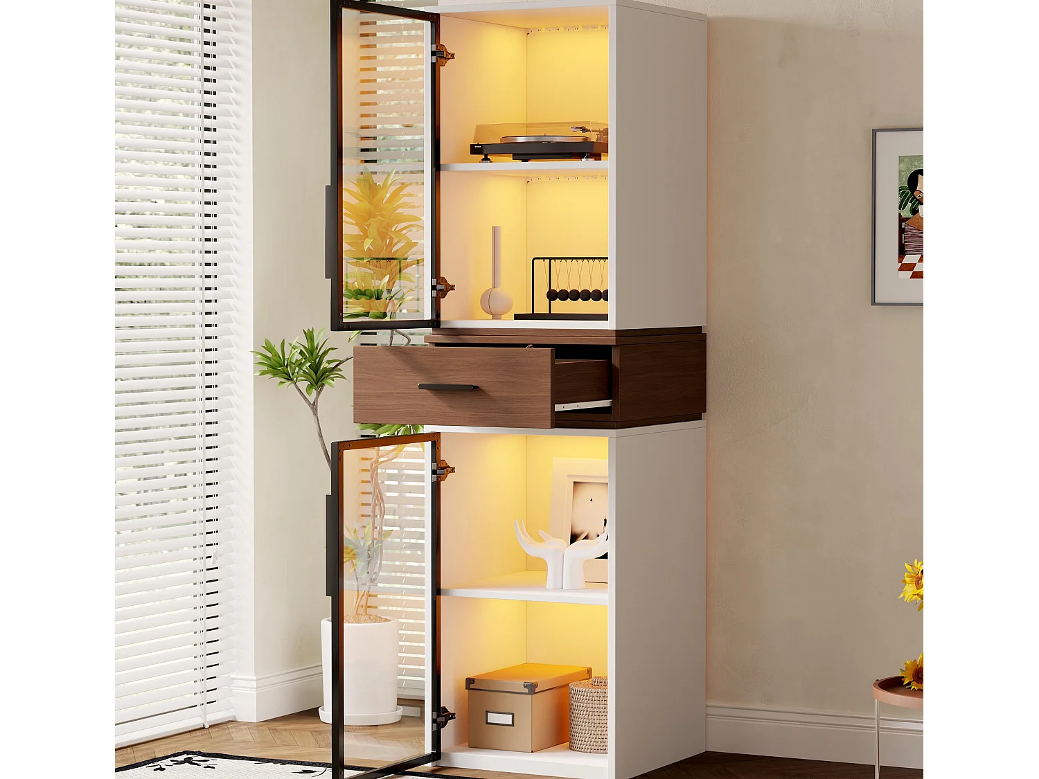 Glazen vitrinekast 40x40x200 cm - met LED-verlichting - 2 glazen deuren en 1 lade - MDF+glas - Wit