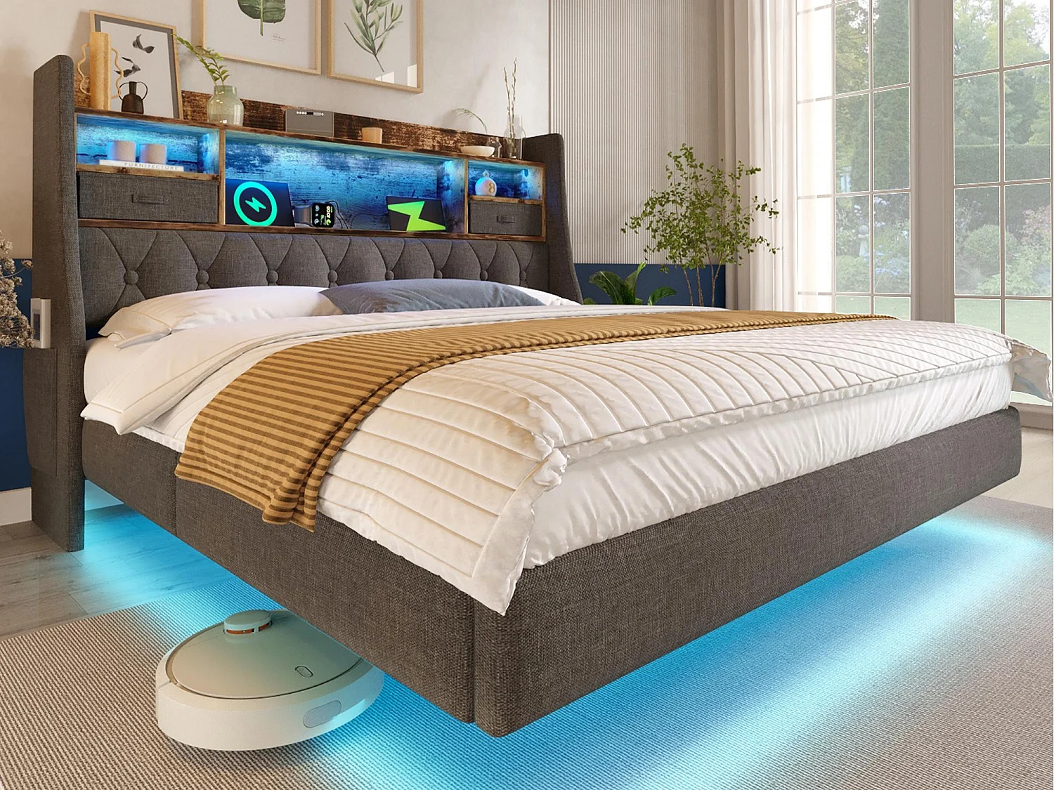 Gestoopt volwassen bed 140x190cm - met LED-verlichting - met 1 Type-C-poort en 3 USB-poorten - hoofdeinde met opbergruimte - linnen - Grijs
