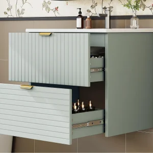 Hangend badkamermeubel 61x46x57 cm – Ingebouwd wastafel – 2 lades – Volledig geverfd MDF – Mintgroen Hangend badkamermeubel 61x46x57 cm – Ingebouwd wastafel – 2 lades – Volledig geverfd MDF – Mintgroen