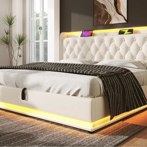 Gestofferd opbergbed 140x190cm in kunstleer – met LED en USB & Type-C stopcontacten – PU materiaal – Wit (zonder matras) Gestofferd opbergbed 140x190cm in kunstleer – met LED en USB & Type-C stopcontacten – PU materiaal – Wit (zonder matras)