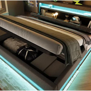 Gestoffeerd opbergbed 140×190 cm – met LED – met USB- en Type-C-poorten – Linnenstof – Hoofdeinde met opbergruimte – Grijs Gestoffeerd opbergbed 140×190 cm – met LED – met USB- en Type-C-poorten – Linnenstof – Hoofdeinde met opbergruimte – Grijs