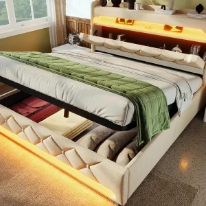 Gestoffeerd opbergbed 140×190 cm – met LED en USB-oplaadpoorten – Linnenstof – Hoofdeinde met opbergruimte – Beige Gestoffeerd opbergbed 140×190 cm – met LED en USB-oplaadpoorten – Linnenstof – Hoofdeinde met opbergruimte – Beige