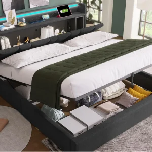 Gestoffeerd opbergbed 140x190cm – met LED en oplaadpoorten – linnen stof – met lattenbodem – Grijs (zonder matras) Gestoffeerd opbergbed 140x190cm – met LED en oplaadpoorten – linnen stof – met lattenbodem – Grijs (zonder matras)