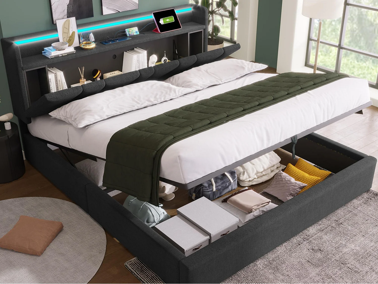 Gestoffeerd opbergbed 140x190cm - met LED en oplaadpoorten - linnen stof - met lattenbodem - Grijs (zonder matras)
