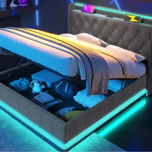 Gestofferd opbergbed 140x190cm – met LED en USB & Type-C stopcontacten – linnen stof – Grijs (zonder matras) Gestofferd opbergbed 140x190cm – met LED en USB & Type-C stopcontacten – linnen stof – Grijs (zonder matras)