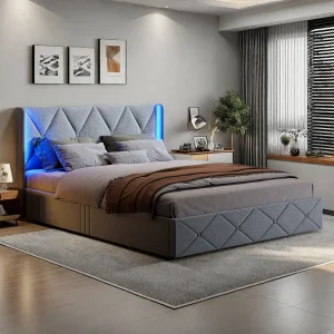 Gestoffeerd tweepersoonsbed, 160 x 200 cm, LED, opbergruimte en lattenbodem, fluweel, grijs Gestoffeerd tweepersoonsbed, 160 x 200 cm, LED, opbergruimte en lattenbodem, fluweel, grijs