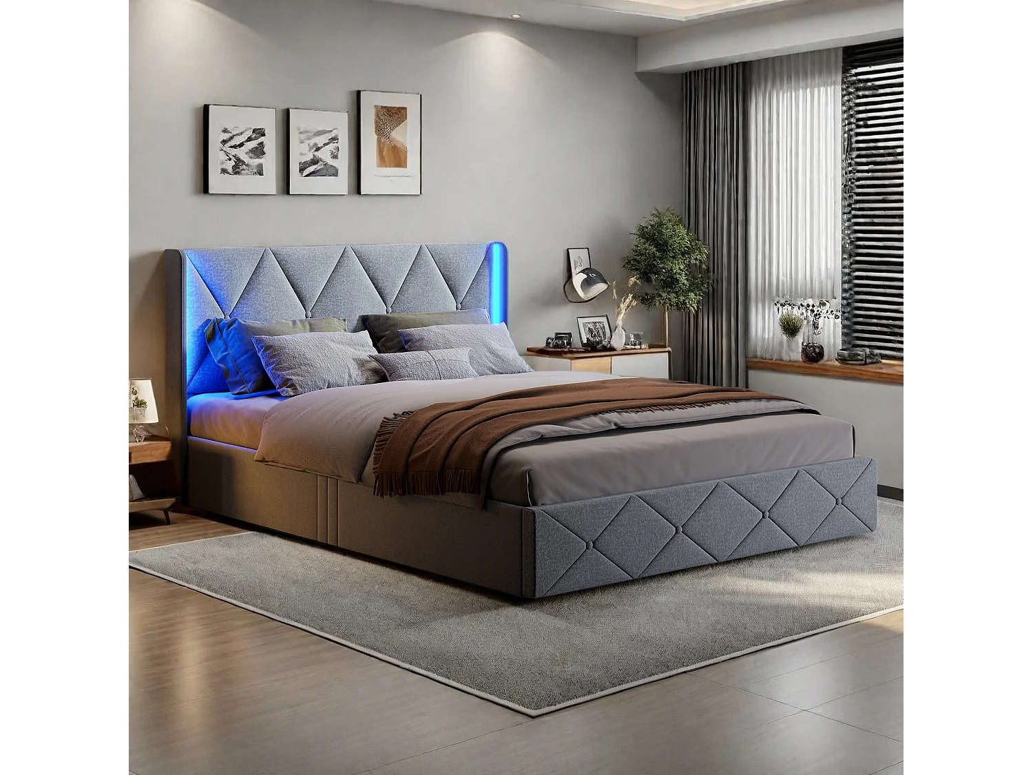 Gestoffeerd tweepersoonsbed, 160 x 200 cm, LED, opbergruimte en lattenbodem, fluweel, grijs