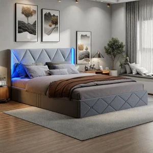 Gestoffeerd tweepersoonsbed 160×200 cm, met LED, opbergruimte met lattenbodem, Grijs Gestoffeerd tweepersoonsbed 160×200 cm, met LED, opbergruimte met lattenbodem, Grijs