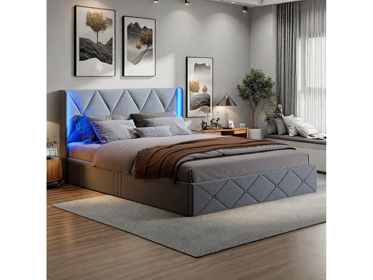Gestoffeerd tweepersoonsbed 160x200 cm, met LED, opbergruimte met lattenbodem, Grijs