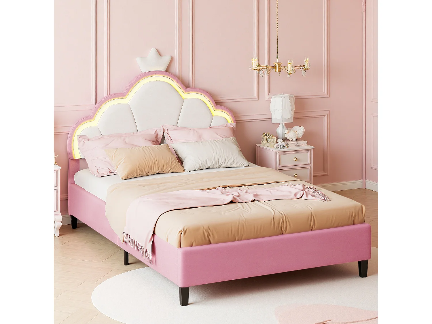 Gestoffeerd kinderbed 90 x 200 cm, LED, in hoogte verstelbaar hoofdbord en lattenbodem, roze