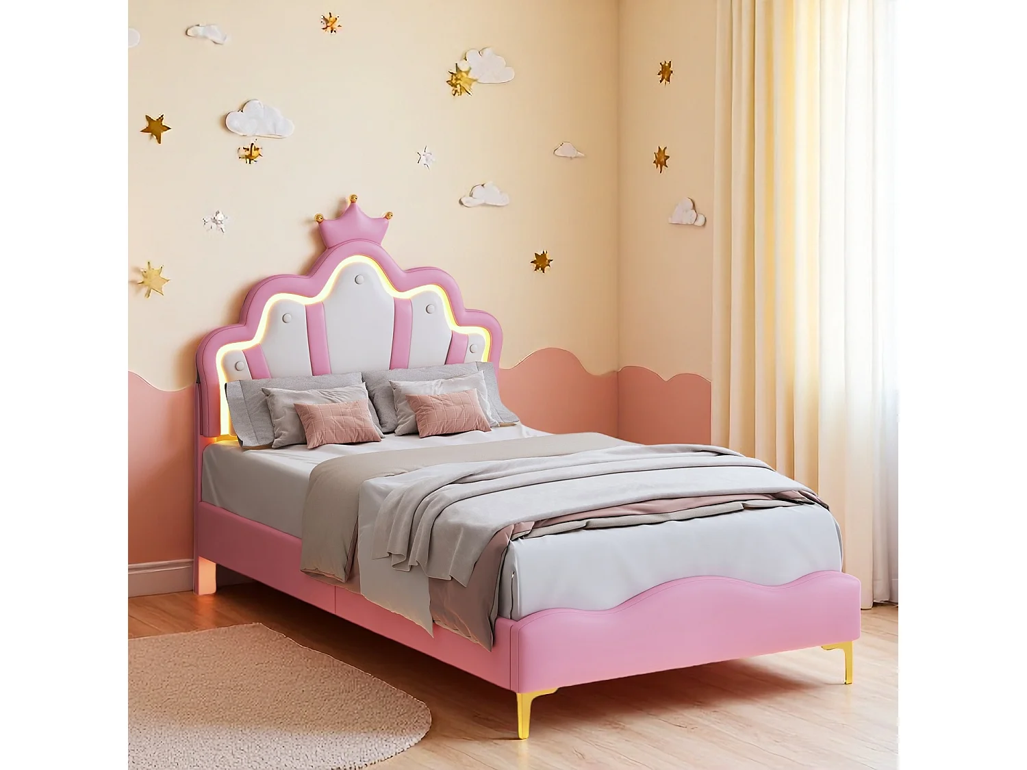 Gestoffeerd kinderbed 90 x 200 cm met LED, prinsessenkroonbed, polyurethaan, roze