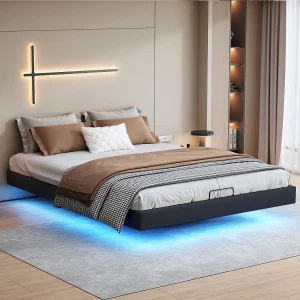 Gestoffeerd bed, 160 x 200 cm, met ledverlichting, zwevend bed, met lattenbodem, zwart Gestoffeerd bed, 160 x 200 cm, met ledverlichting, zwevend bed, met lattenbodem, zwart