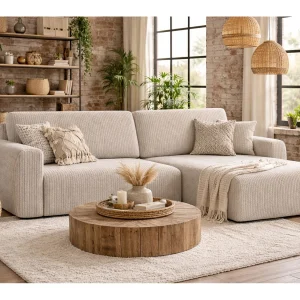 Hoekbank met slaapfunctie en opbergruimte Ariel L, corduroy stof, Poso stof, beige, rechts Hoekbank met slaapfunctie en opbergruimte Ariel L, corduroy stof, Poso stof, beige, rechts