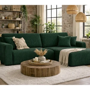 Hoekbank met slaapfunctie en opbergruimte Ariel L, corduroy stof, Poso stof, groen, rechts Hoekbank met slaapfunctie en opbergruimte Ariel L, corduroy stof, Poso stof, groen, rechts