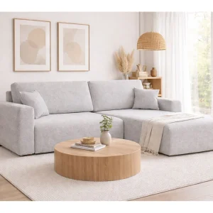 Hoekbank met slaapfunctie en opbergruimte Ariel L, chenille stof, Artico stof, Cement, rechts