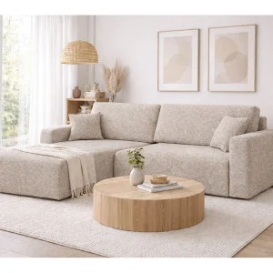 Hoekbank met slaapfunctie en opbergruimte Ariel L, chenille stof, Artico stof, Beige, links