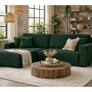 Hoekbank met slaapfunctie en opbergruimte Ariel L, corduroy stof, Poso stof, groen, links Hoekbank met slaapfunctie en opbergruimte Ariel L, corduroy stof, Poso stof, groen, links