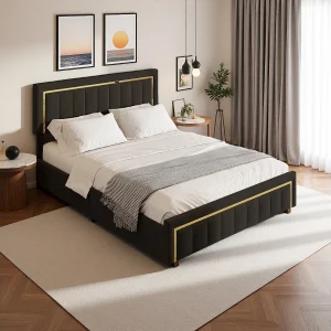 Gestoffeerd bed 160×200 cm tweepersoonsbed met LED, hydraulisch opbergbed, zwart, fluweel