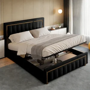 Gestoffeerd bed 140 x 200 cm, met LED en USB, tweepersoonsbed, met lattenbodem, fluweel, zwart Gestoffeerd bed 140 x 200 cm, met LED en USB, tweepersoonsbed, met lattenbodem, fluweel, zwart