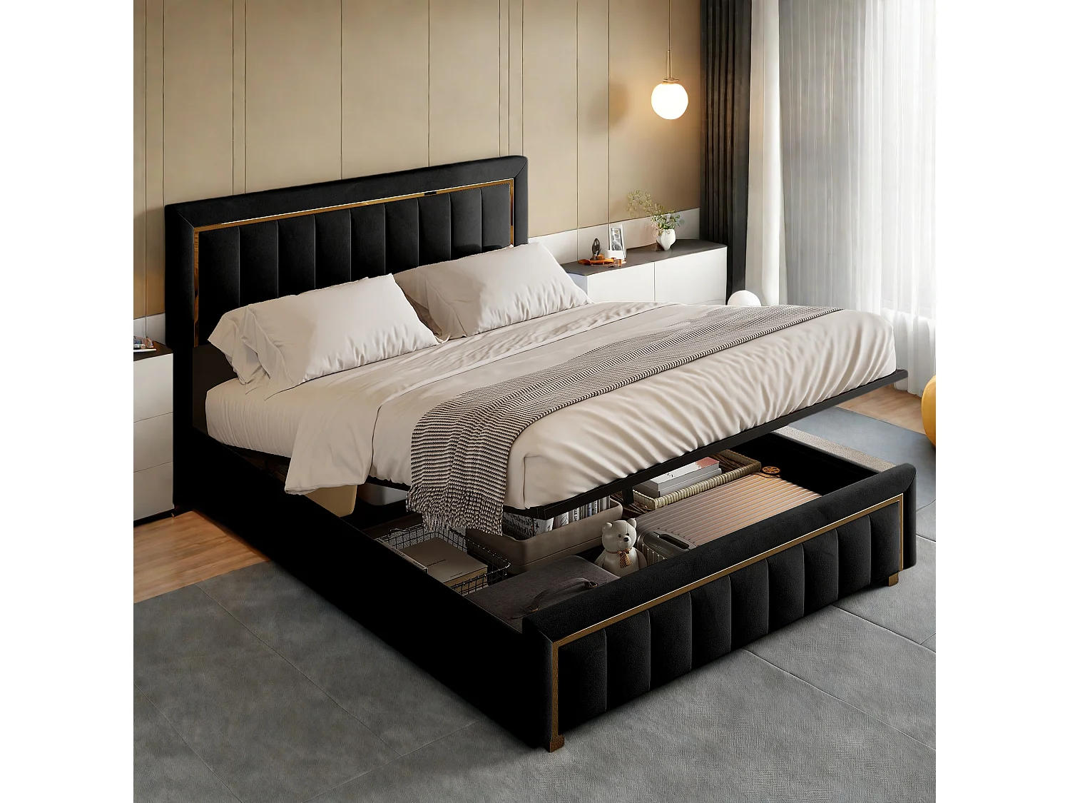 Gestoffeerd bed 140 x 200 cm, met LED en USB, tweepersoonsbed, met lattenbodem, fluweel, zwart