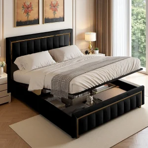 Gestoffeerd tweepersoonsbed, 140 x 200 cm, bedframe met hoofdbord en houten lattenbodem, zwart Gestoffeerd tweepersoonsbed, 140 x 200 cm, bedframe met hoofdbord en houten lattenbodem, zwart