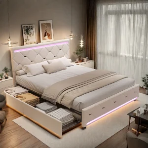 Gestoffeerd bed 160×200 cm met LED, bedframe met lades, volwassen bed, fluweel, wit