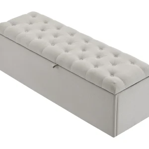Gestoffeerde opbergbank met opbergruimte – houten frame – lichtgrijs linnen 141×41,5×47 cm Gestoffeerde opbergbank met opbergruimte – houten frame – lichtgrijs linnen 141×41,5×47 cm