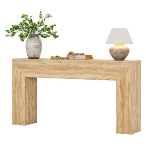 Haltafel van 160 cm, smalle lange consoletafel met imitatie travertin afwerking en stevige poten. Haltafel van 160 cm, smalle lange consoletafel met imitatie travertin afwerking en stevige poten.