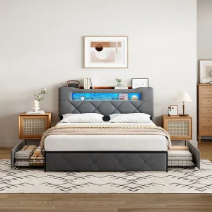Gestoffeerd tweepersoonsbed van grijze fluweel 140×200 cm met 4 laden, LED-verlichting en USB-poorten – praktische opbergruimte voor volwassenen en tieners Gestoffeerd tweepersoonsbed van grijze fluweel 140×200 cm met 4 laden, LED-verlichting en USB-poorten – praktische opbergruimte voor volwassenen en tieners