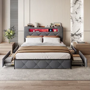 Gestoffeerd tweepersoonsbed van grijs fluweel 160×200 cm met 4 laden, LED-verlichting en ingebouwde USB-poorten Gestoffeerd tweepersoonsbed van grijs fluweel 160×200 cm met 4 laden, LED-verlichting en ingebouwde USB-poorten