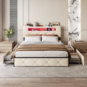 Gestoffeerd tweepersoonsbed van beige fluweel 160×200 cm met 4 laden, LED-verlichting en geïntegreerde USB-poorten Gestoffeerd tweepersoonsbed van beige fluweel 160×200 cm met 4 laden, LED-verlichting en geïntegreerde USB-poorten