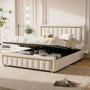 Gestoffeerd tweepersoonsbed 140×200 cm beige gestreept fluweel met hydraulische opbergruimte en gouden frame zonder matras Gestoffeerd tweepersoonsbed 140×200 cm beige gestreept fluweel met hydraulische opbergruimte en gouden frame zonder matras