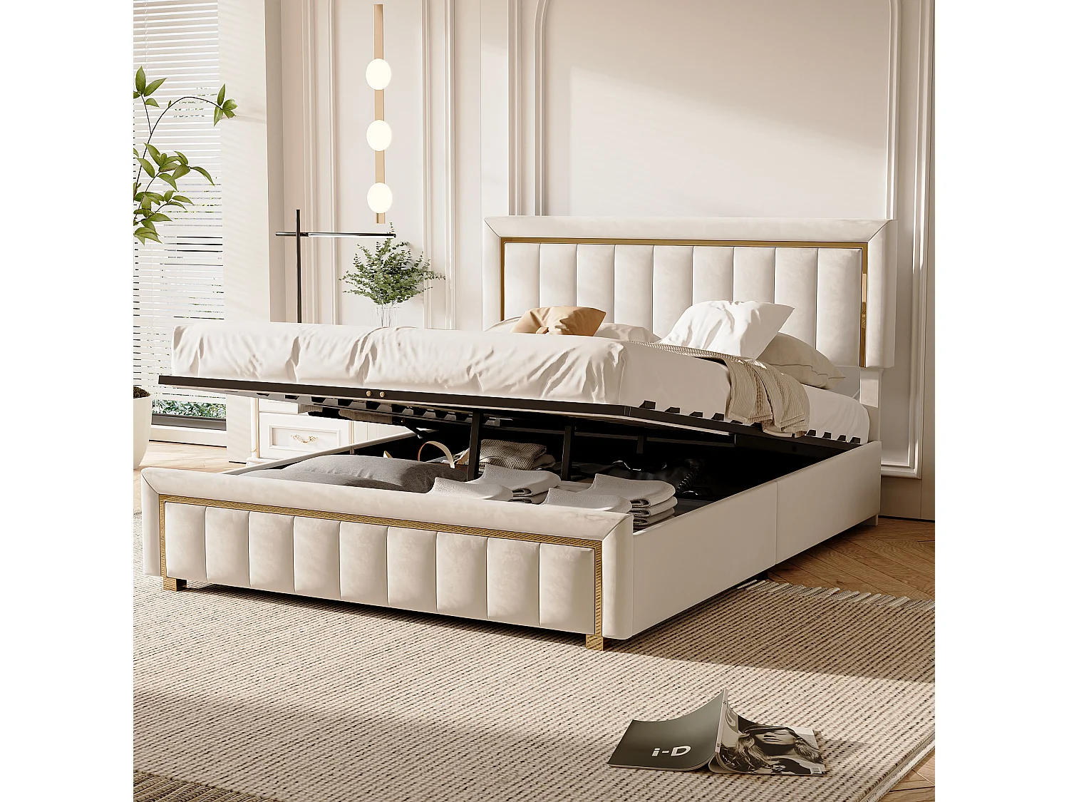 Gestoffeerd tweepersoonsbed 140x200 cm beige gestreept fluweel met hydraulische opbergruimte en gouden frame zonder matras