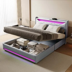 Gestoffeerd bed van grijs linnen 140×200 cm met hydraulische opbergruimte, geïntegreerde RGB LED’s en USB-poorten – eigentijds design zonder matras
