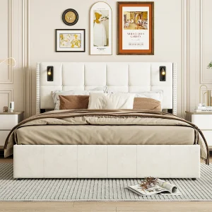 Gestoffeerd tweepersoonsbed in beige fluweel 140×200 cm met hydraulische opbergruimte, leeslampjes en USB-poort Gestoffeerd tweepersoonsbed in beige fluweel 140×200 cm met hydraulische opbergruimte, leeslampjes en USB-poort