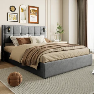 Gestoffeerd fluwelen bed grijs 160×200 cm met hydraulische opbergruimte, leeslampjes en USB-poort, tweepersoons frame voor volwassenen Gestoffeerd fluwelen bed grijs 160×200 cm met hydraulische opbergruimte, leeslampjes en USB-poort, tweepersoons frame voor volwassenen