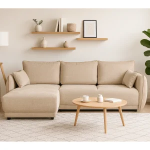 Hoekbank links  Loren met slaapfunctie 250x150x90 cm – Stof Raven 24 créme